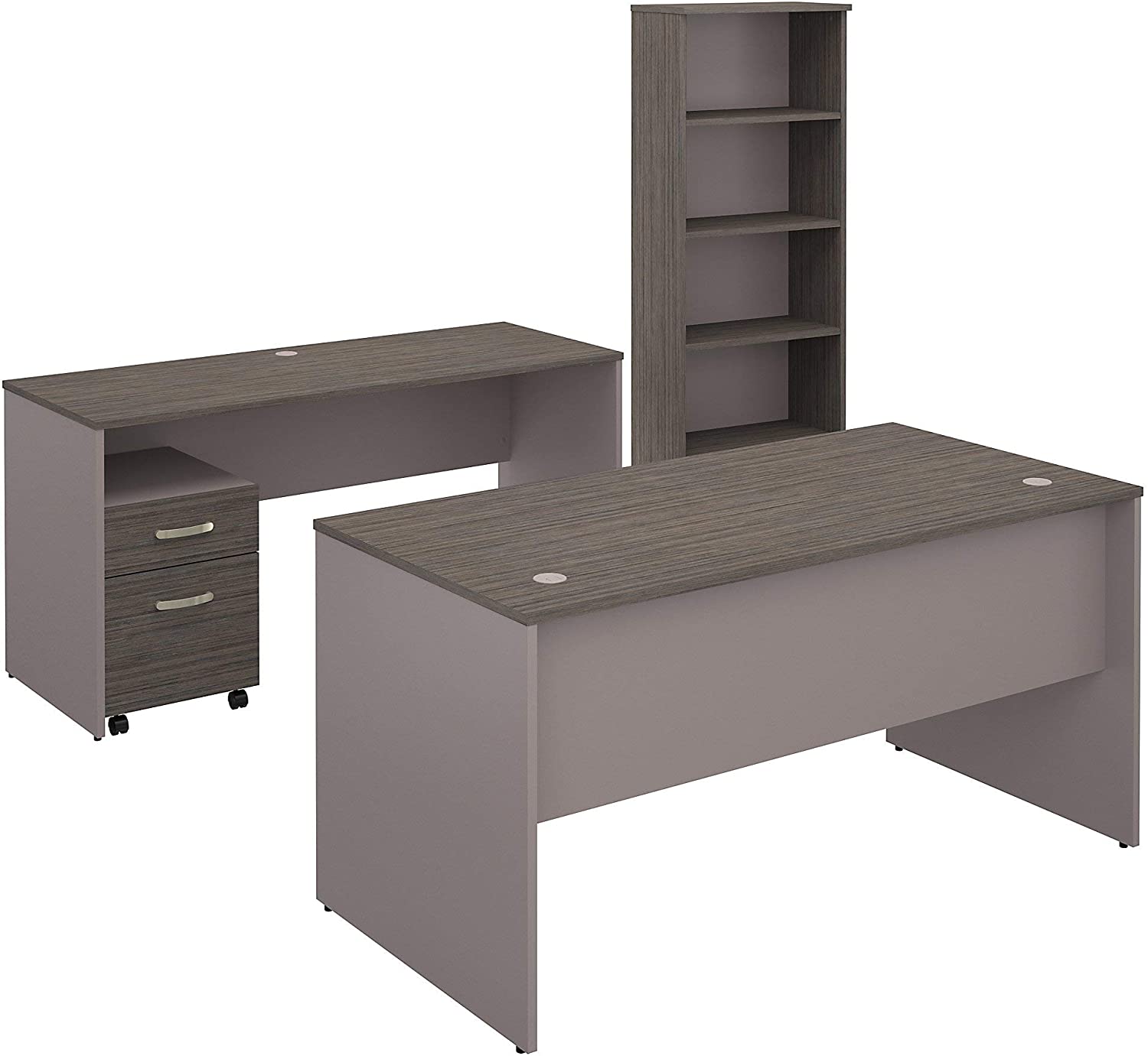 Bush Furniture Commerce 60W Office Desk with Credenza, Mobile File Cabinet and Bookcase in Cocoa and Pewter