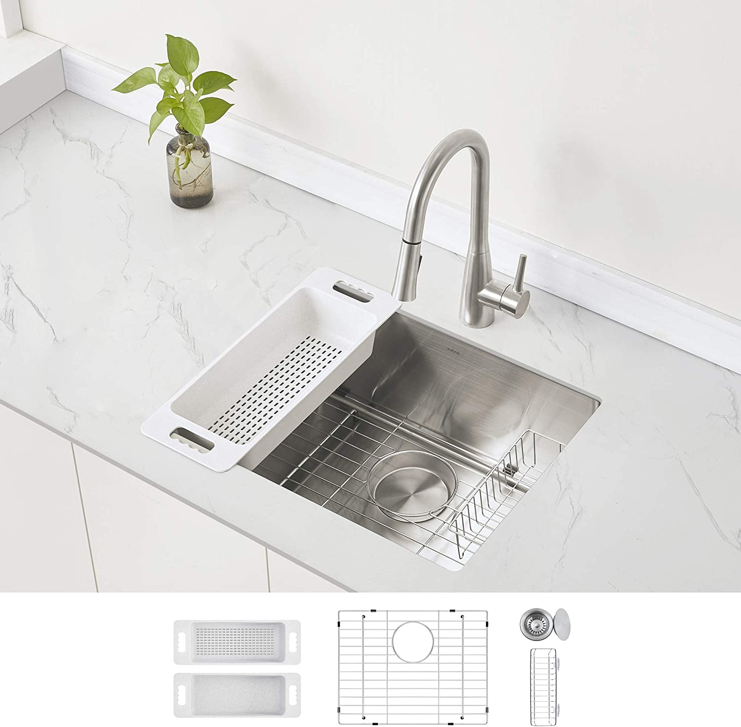 ZUHNE Modena 21-Inch Stainless Steel Undermount Kitchen Sink with Accessories, 16 Gauge (Tight Radius Deep Single Bowl for 24” Cabinet)