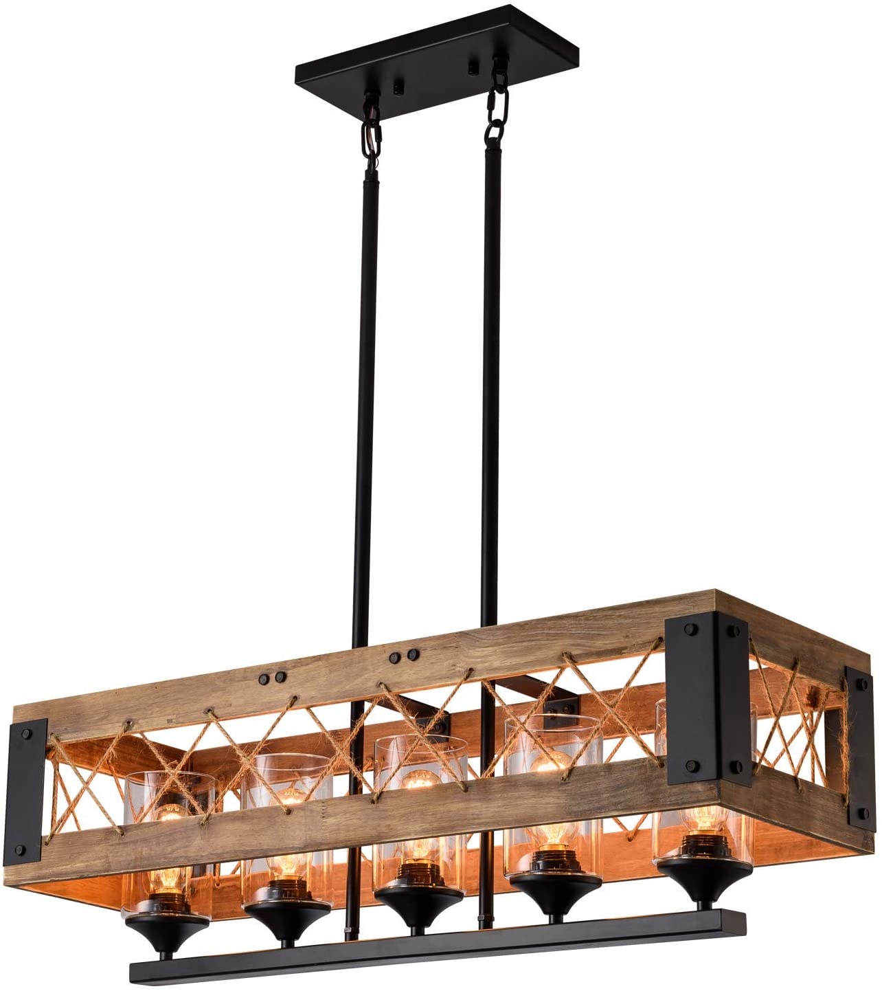 XIPUDA 5-Light Kitchen Island Lighting, Industrial Pendant Light Fixture, Farmhouse Chandeliers, Pool Table Linear Ceiling Lights, Wood Metal Frame Hanging Light for Dinning Room