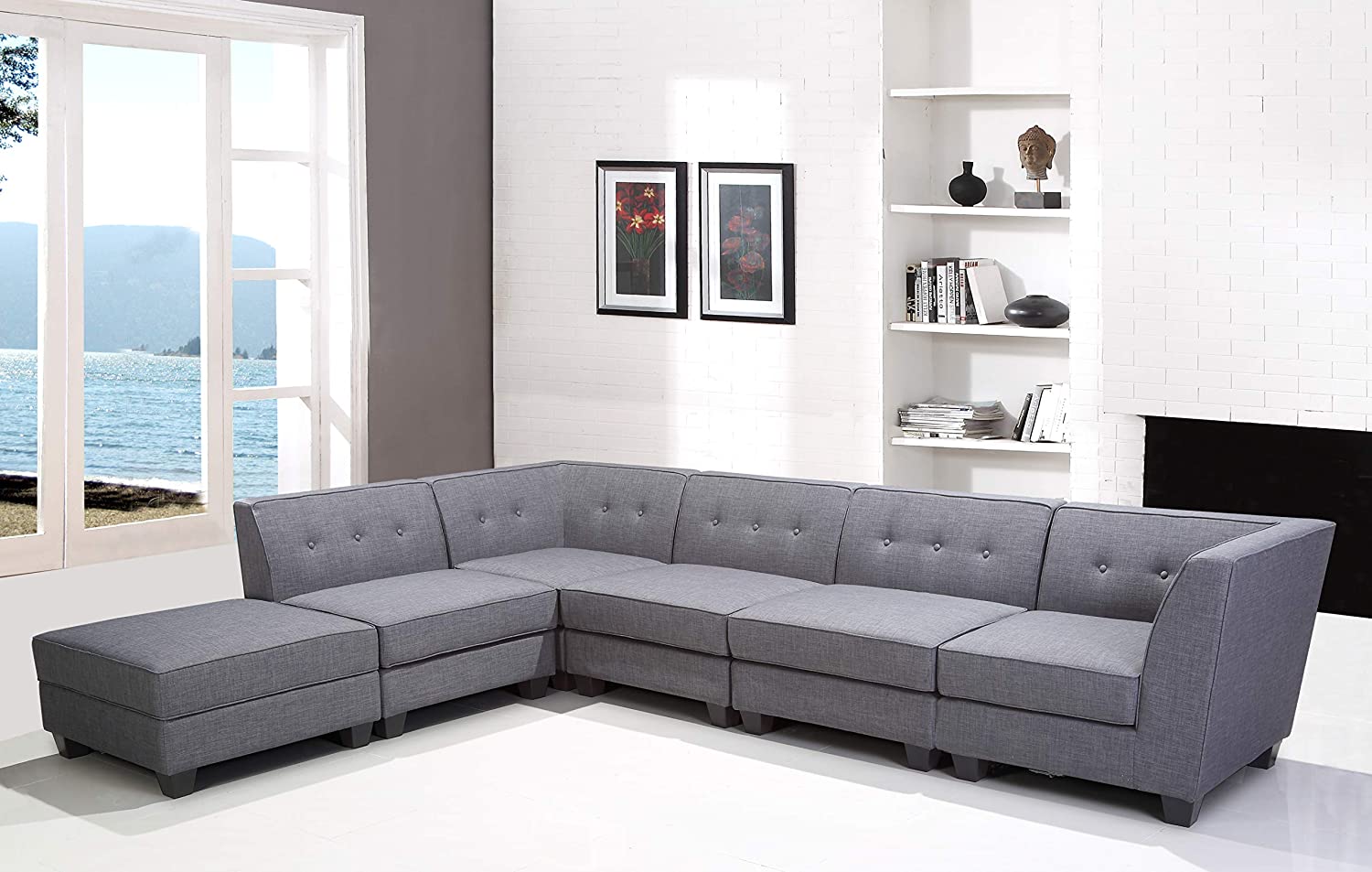Best Master Furniture Vendome 6 Piece Modular Fabric Sectional Sofa, Grey