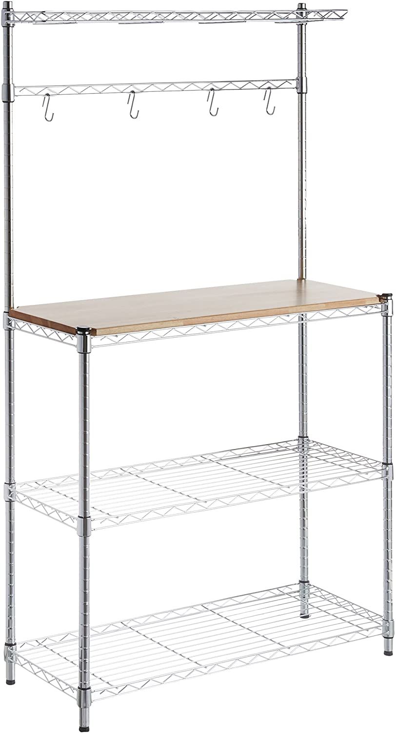 AmazonBasics Kitchen Storage Baker's Rack with Table, Wood/Chrome - 63.4