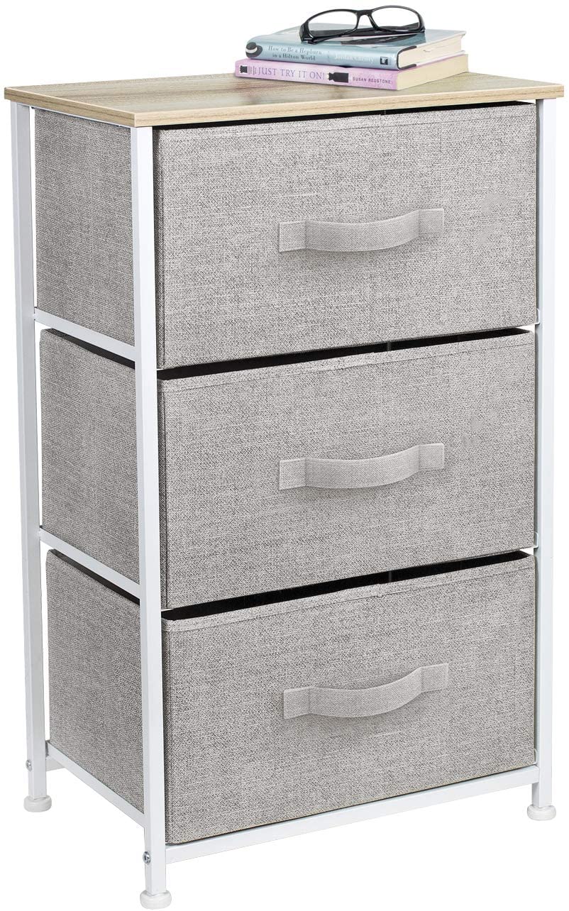 Sorbus Nightstand with 3 Drawers - Bedside Furniture & Accent End Table Storage Tower for Home, Bedroom Accessories, Office, College Dorm, Steel Frame, Wood Top, Easy Pull Fabric Bins (Beige)