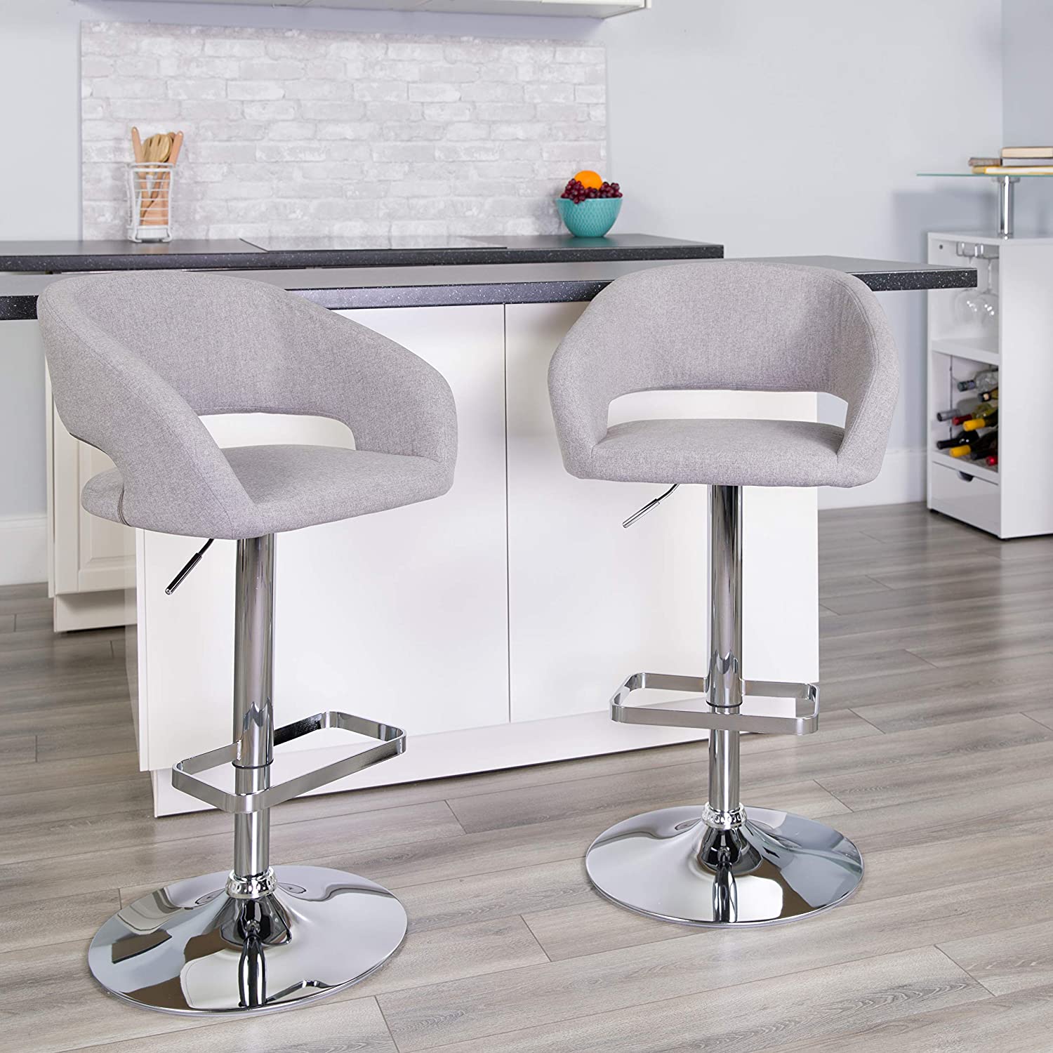 Flash Furniture Contemporary Gray Fabric Adjustable Height Barstool with Rounded Mid-Back and Chrome Base