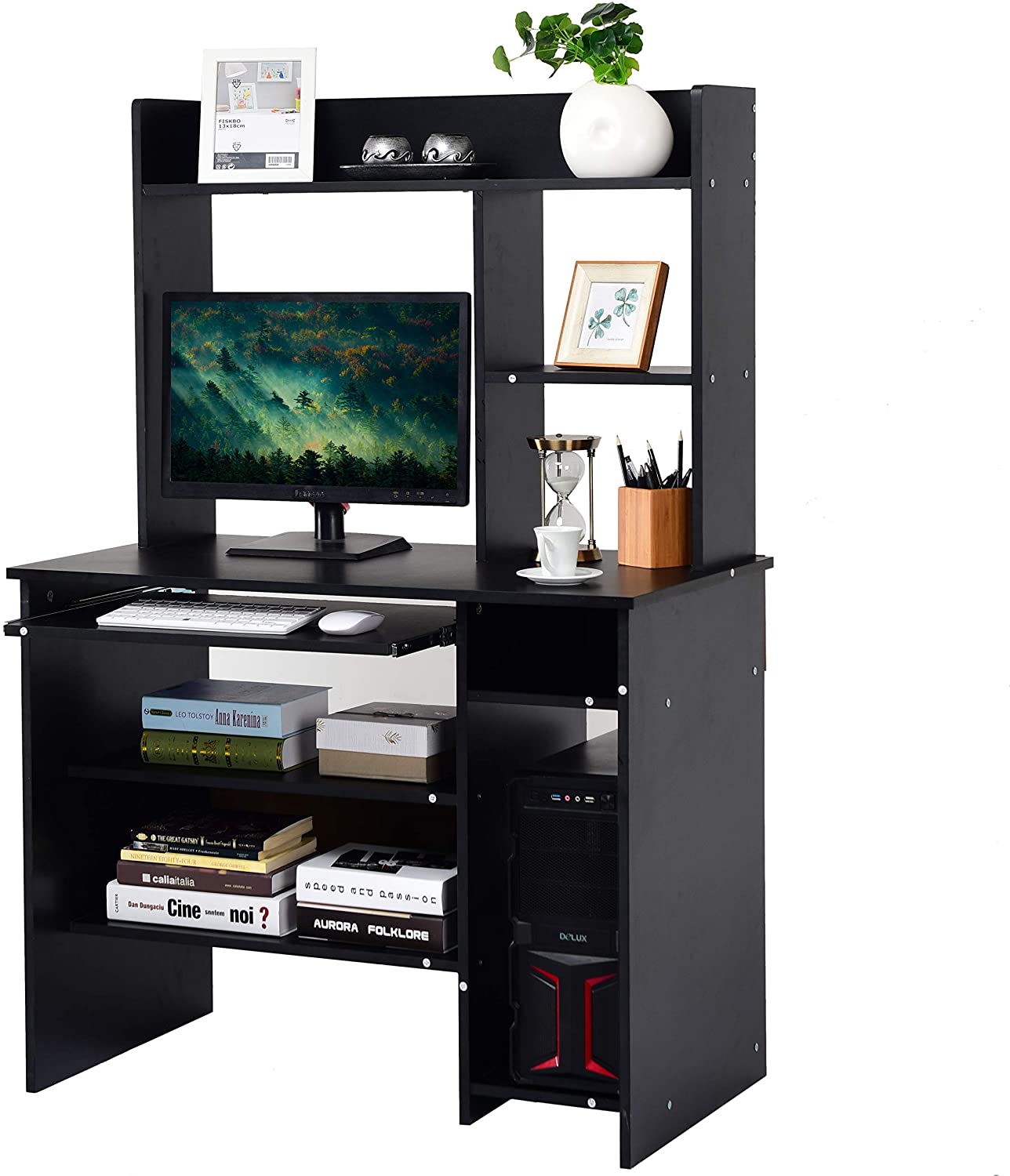 Tangkula Computer Desk, Computer Workstation with Storage Bookcase, Study Writing Home Office Desk with Hutch/Keyboard Tray, Modern Wood Multipurpose Desk (Black with Shelves)