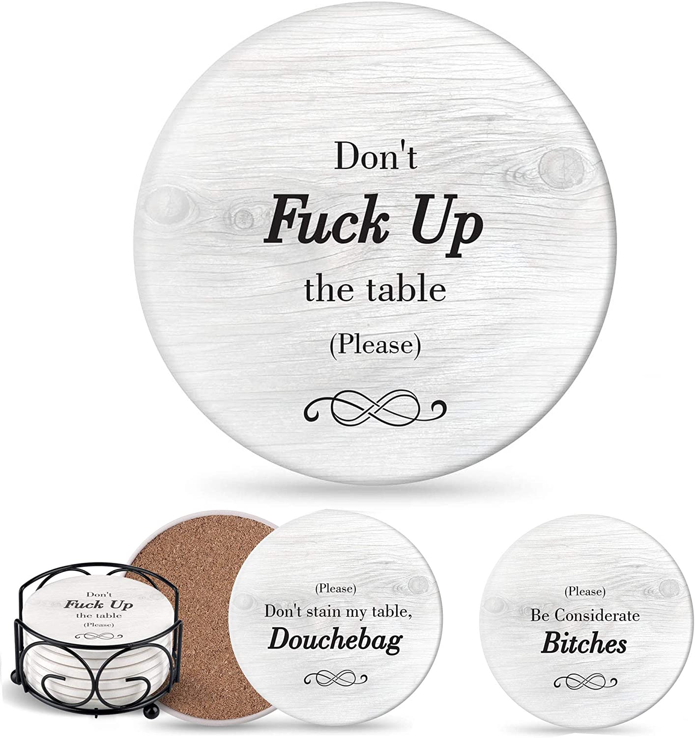 Funny Coasters for Drinks with Holder - Absorbent Drink Coasters Set 6 Pcs - 3 Sayings - Housewarming Gifts for Friends - Men, Women Birthday - Cool Home Decor - Living Room, Kitchen, Bar Decorations