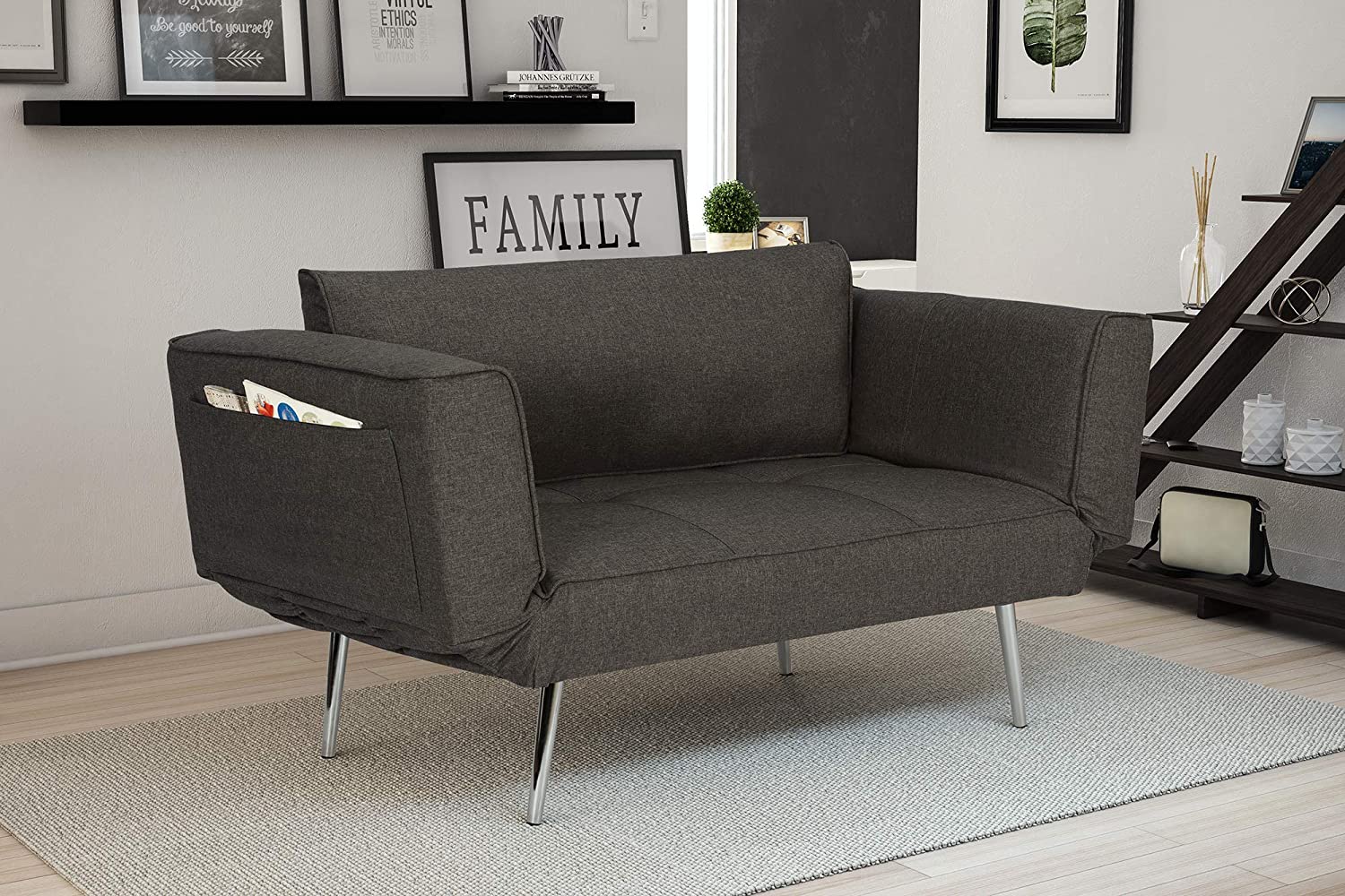Novogratz Leyla Loveseat, Multifunctional and Modern Design, Adjustable Armrests to Create a Couch Sleeper -Grey