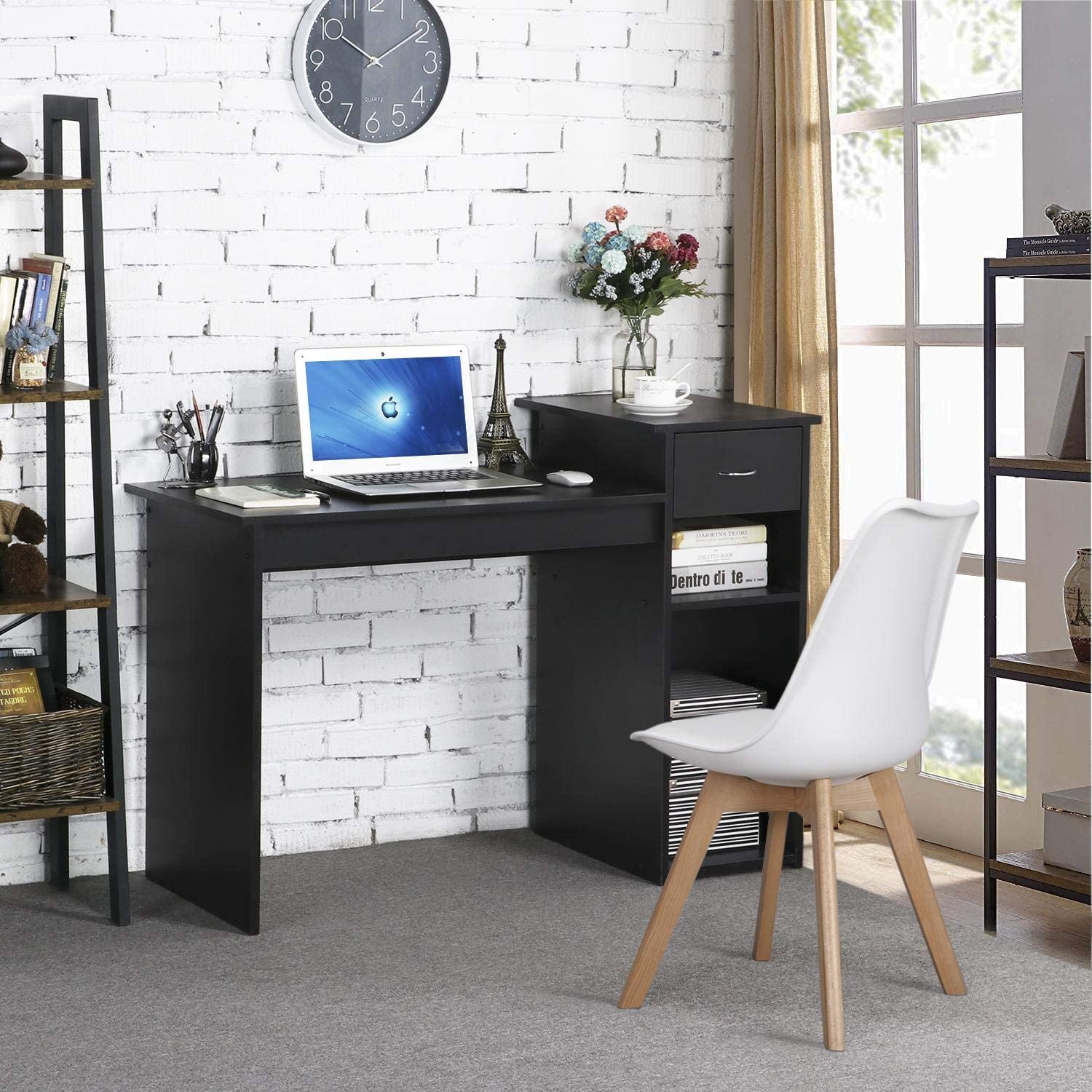 Topeakmart Modern Compact Computer Desk Study Writing Table Workstation with Drawers and Printer Shelf for Small Spaces Home Office Furniture