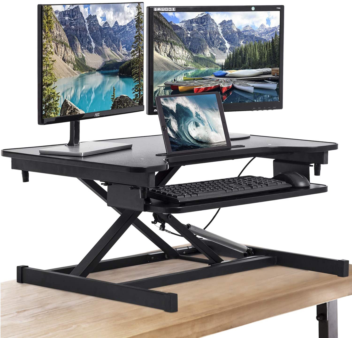FDW Adjustable Height 32 Inches Steel Standing Desk Coverter Stand Up Desk Home Office Computer Desk Workstation,Black