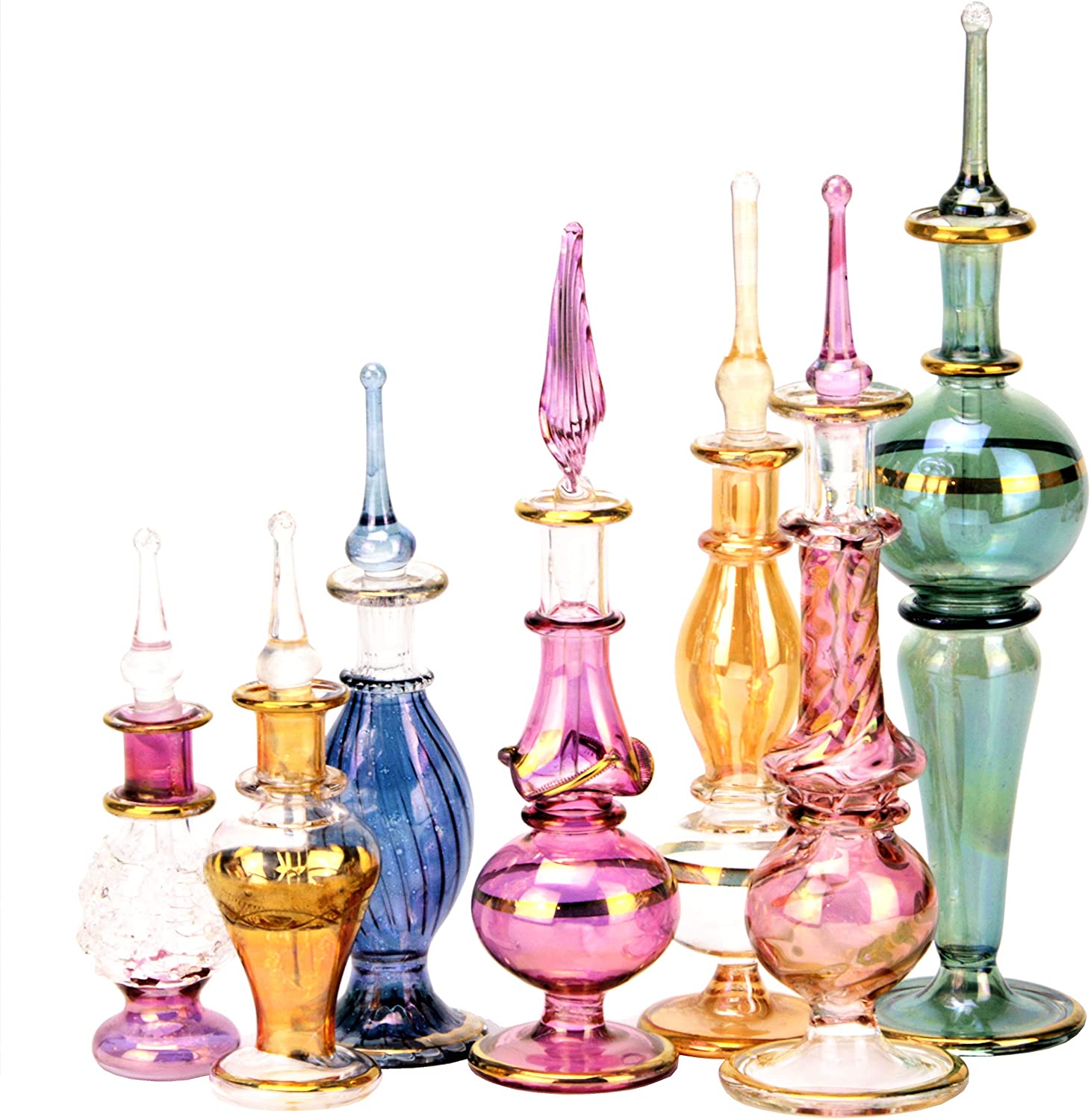 NileCart Egyptian Perfume Bottles Wholesale Mix Collection Set of 12 Hand Blown Decorative Pyrex Glass 2-5 in with Handmade Golden Egyptian Decoration for Perfumes & Essential Oils