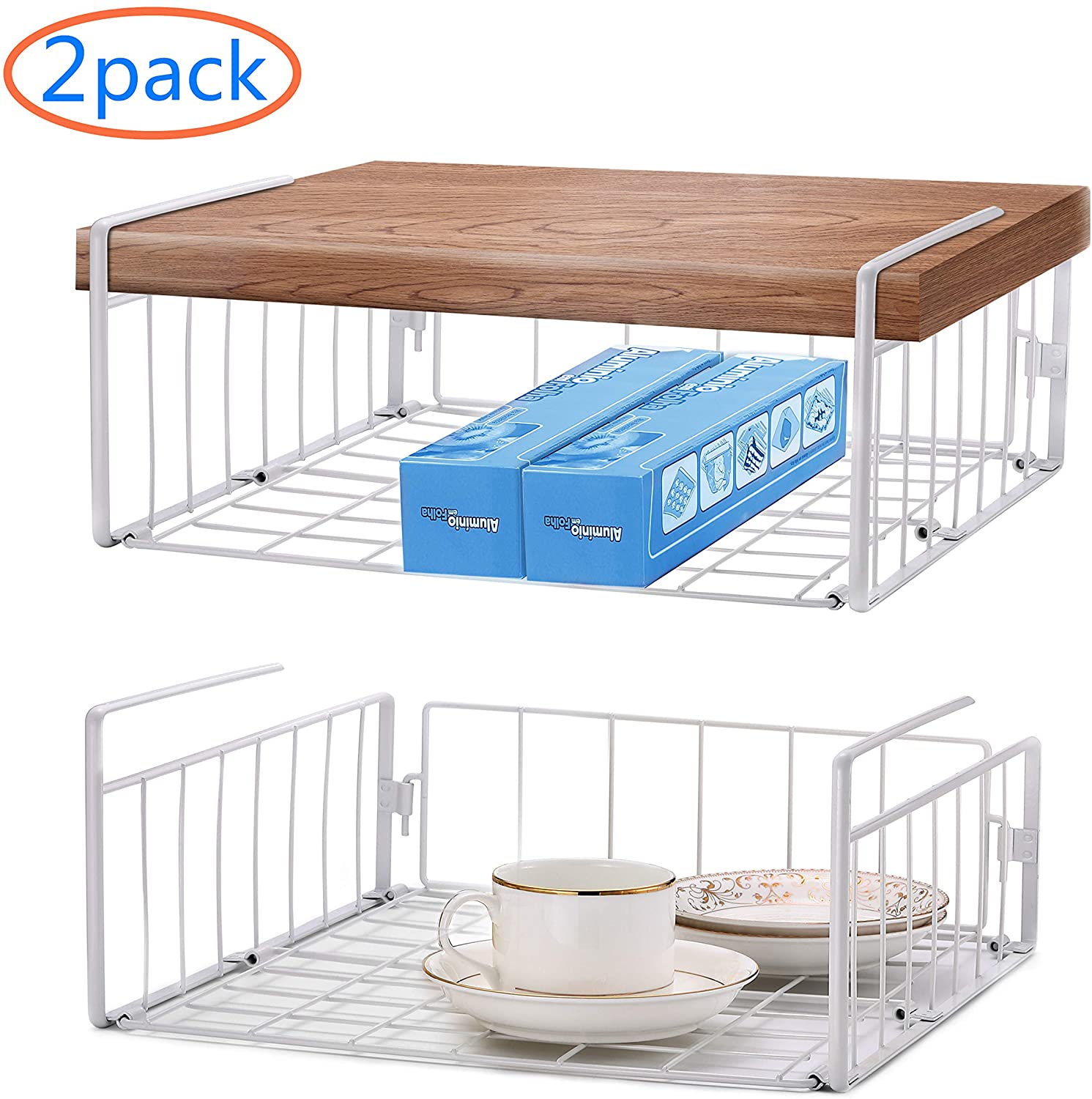 SimpleTrending Under Cabinet Organizer Shelf, 2 Pack Wire Rack Hanging Storage Baskets for Kitchen Pantry, White