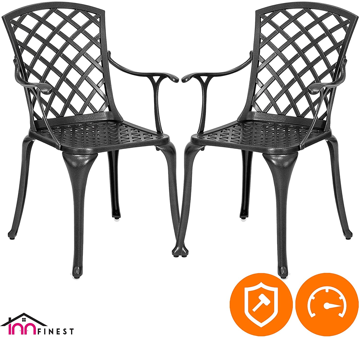 2-Piece Patio Bistro Dining Chair Set - Cast Aluminum Lattice Weave Design - Ergonomic Rust Resistant - for Outdoor Furniture Patio Deck Garden - Optional Add-on Table for 5 or 7 Piece Set (Black)