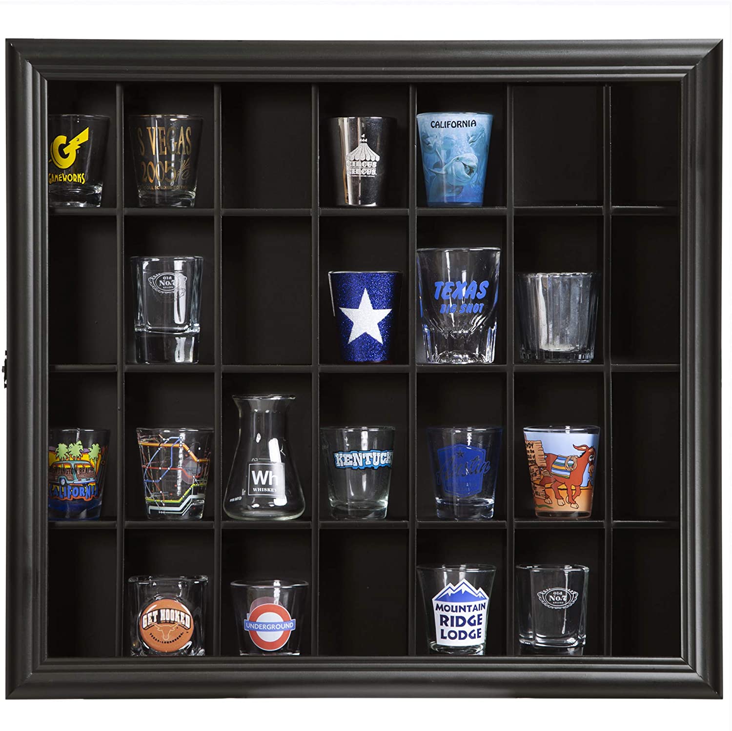 Gallery Solutions 18x16 Shot Glass Display Case with Hinged Front in Black