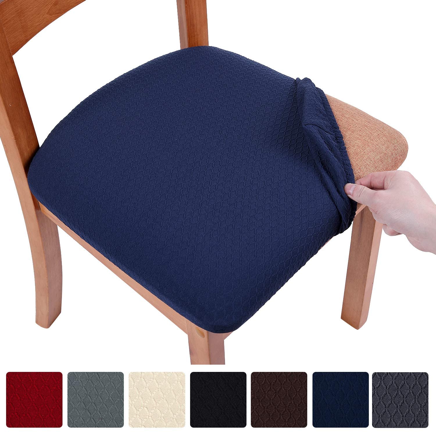 smiry Stretch Spandex Jacquard Dining Room Chair Seat Covers, Removable Washable Anti-Dust Dinning Upholstered Chair Seat Cushion Slipcovers - Set of 6, Navy Blue