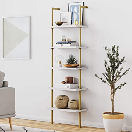 Nathan James Theo 5-Shelf Ladder Bookcase with Brass Metal Frame, 5-Tier, White/Gold