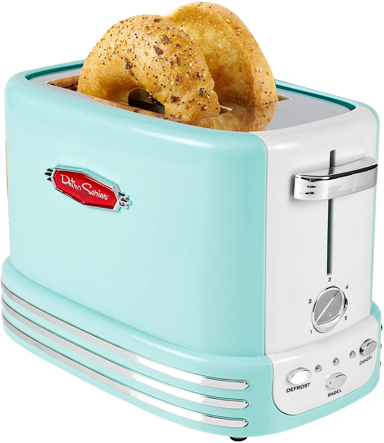 Nostalgia RTOS200AQ New and Improved Retro Wide 2-Slice Toaster Perfect For Bread, English Muffins, Bagels, 5 Browning Levels, With Crumb Tray & Cord Storage – Aqua