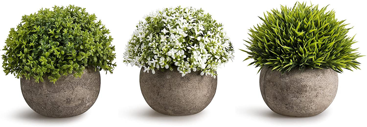 Opps Artificial Plastic Mini Plants Unique Fake Fresh Green Grass Flower in Gray Pot for Home Décor – Set of 3