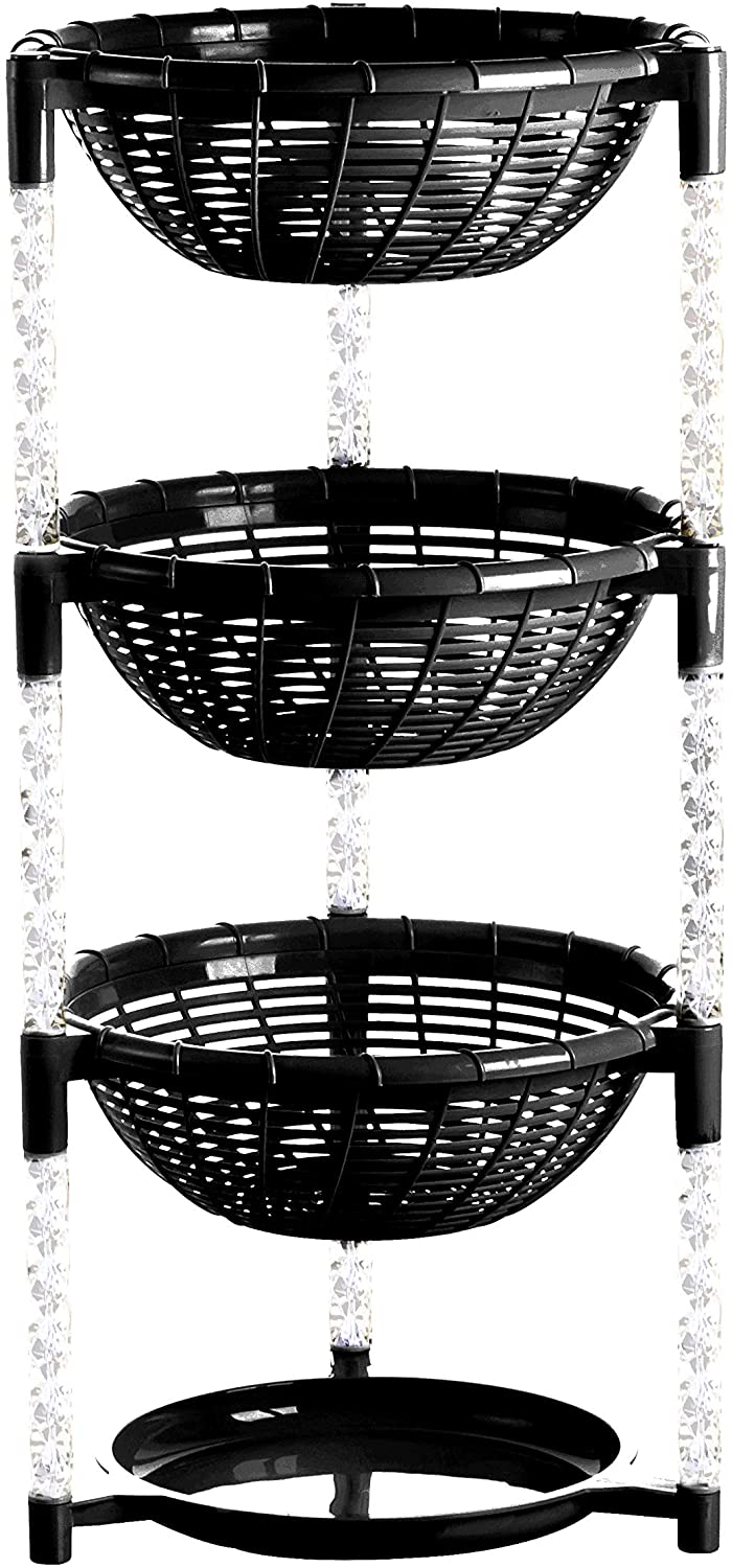 Uncluttered Designs Stacking Basket Bins (3 Tier+ Plate) for Kitchen Cabinet, Pantry, Closet, Bedroom, Bathroom Organization & Storage (Black)