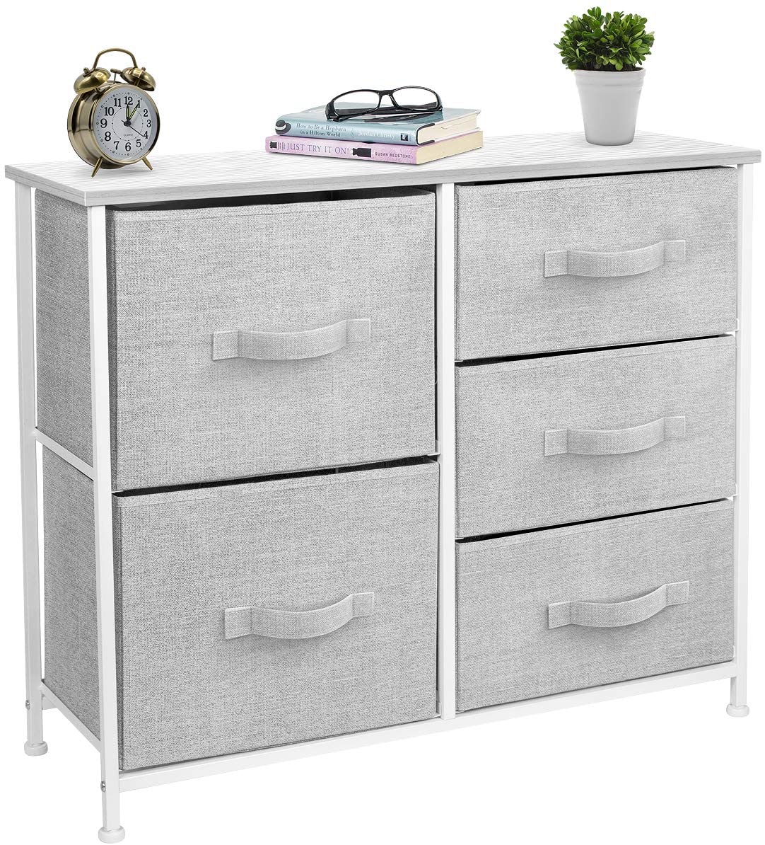 Sorbus Dresser with 5 Drawers - Furniture Storage Tower Unit for Bedroom, Hallway, Closet, Office Organization - Steel Frame, Wood Top, Easy Pull Fabric Bins (White/Gray)