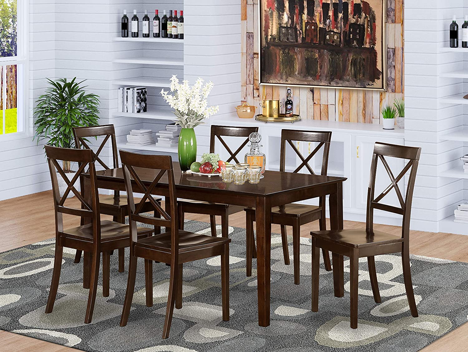 East West Furniture CAB7S-CAP-W Dining Set 7 Pc - Wooden Modern Dining Chairs Seat - Cappuccino Finish Small Rectangular Dining Table and Body