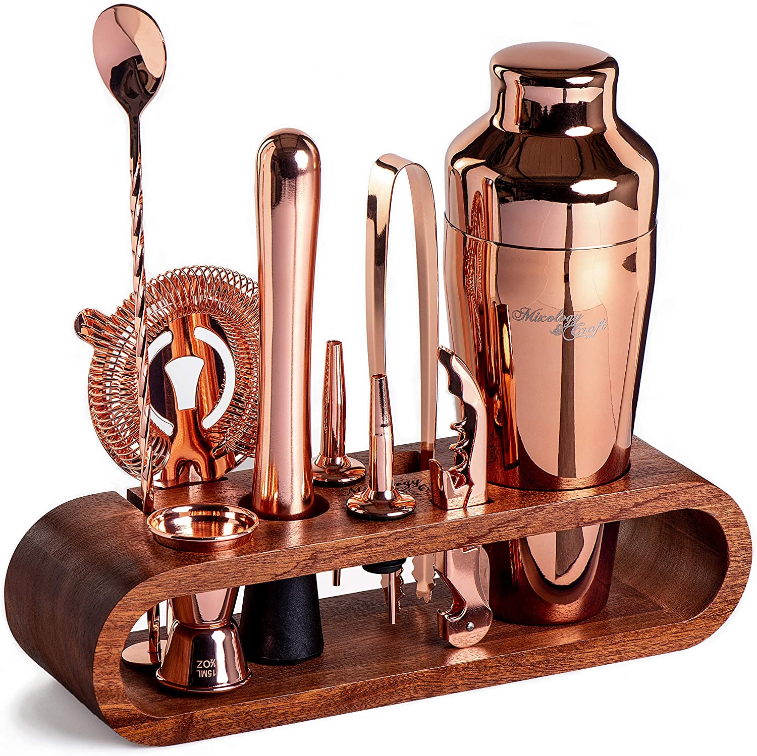 Mixology Bartender Kit: 10-Piece Copper Bar Set Cocktail Shaker Set with Stylish Mahogany Stand | Perfect Home Bartending Kit with Rose Gold Bar Tools and Martini Shaker for Foolproof Drink Mixing