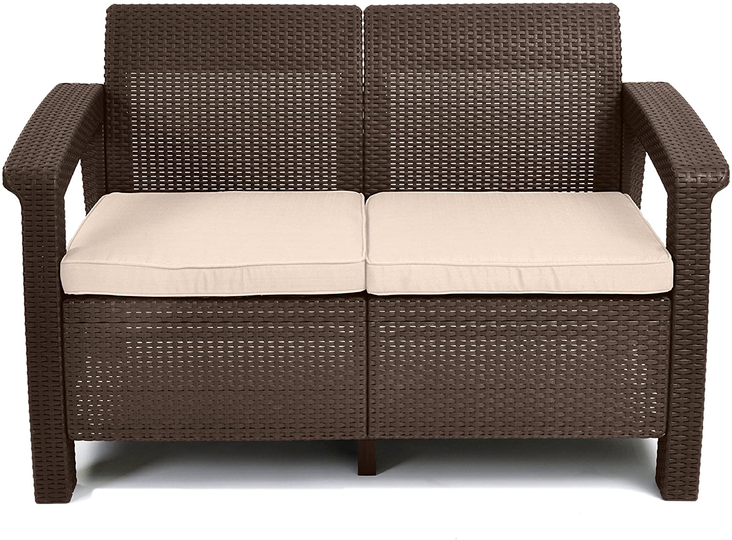 Keter Corfu Resin Wicker Outdoor Loveseat Patio Couch with Washable Cushions - Perfect for Balcony, Deck, and Poolside Seating and Furniture Sets, Brown