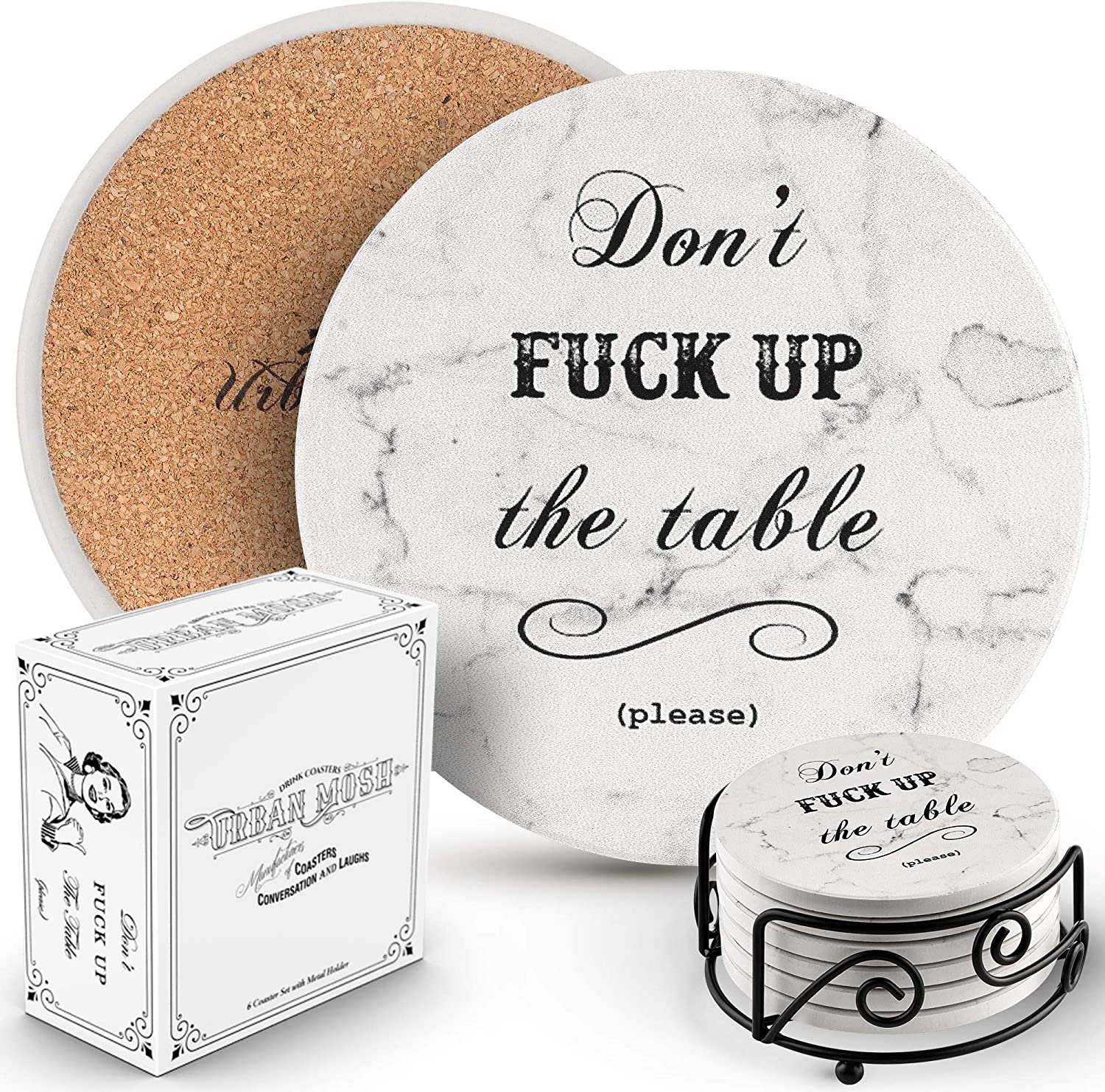 Coasters for Drinks | Absorbent Drink Coaster (6-Piece Set) | Housewarming Hostess Gifts for New Home, Man Cave House Warming Presents Decor, Wedding Registry, Living Room Decorations, Cool Gift Ideas
