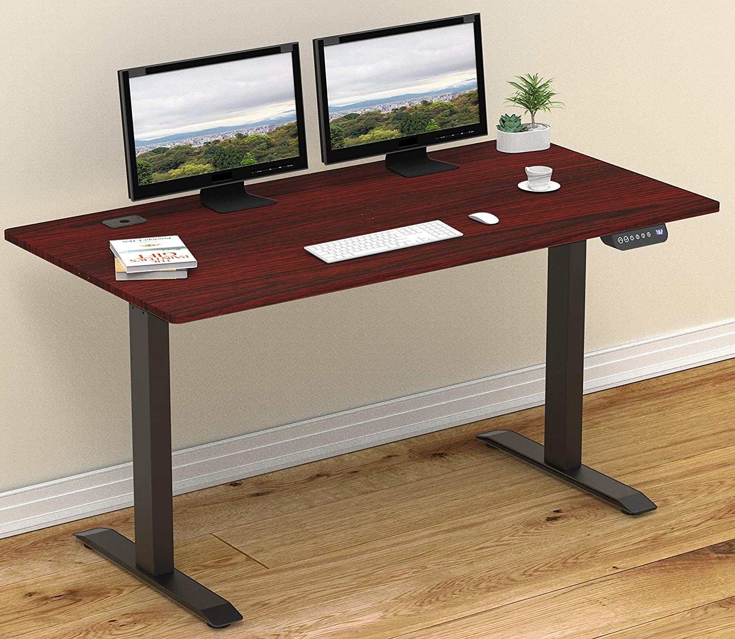 SHW 55-Inch Large Electric Height Adjustable Computer Desk, 55 x 28 Inches, Cherry
