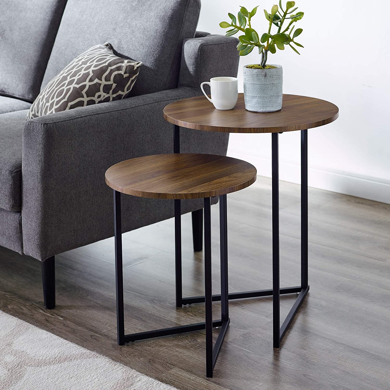Walker Edison Furniture Company Modern Round Metal Base Nesting Set Side Accent Living Room Storage Small End Table, Set of 2, Walnut Brown