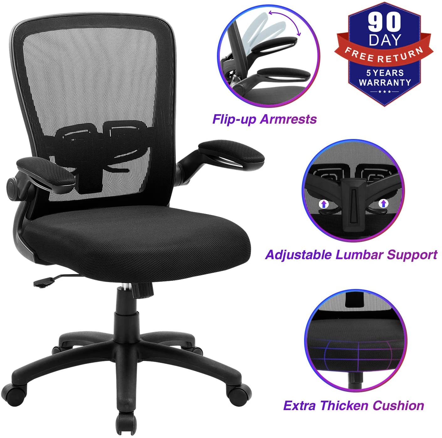 Office Chair, ZLHECTO Ergonomic Desk Chair with Adjustable Height and Lumbar Support, High Back Mesh Computer Chair with Flip up Armrests for Conference Room - 300lb Weight Capacity